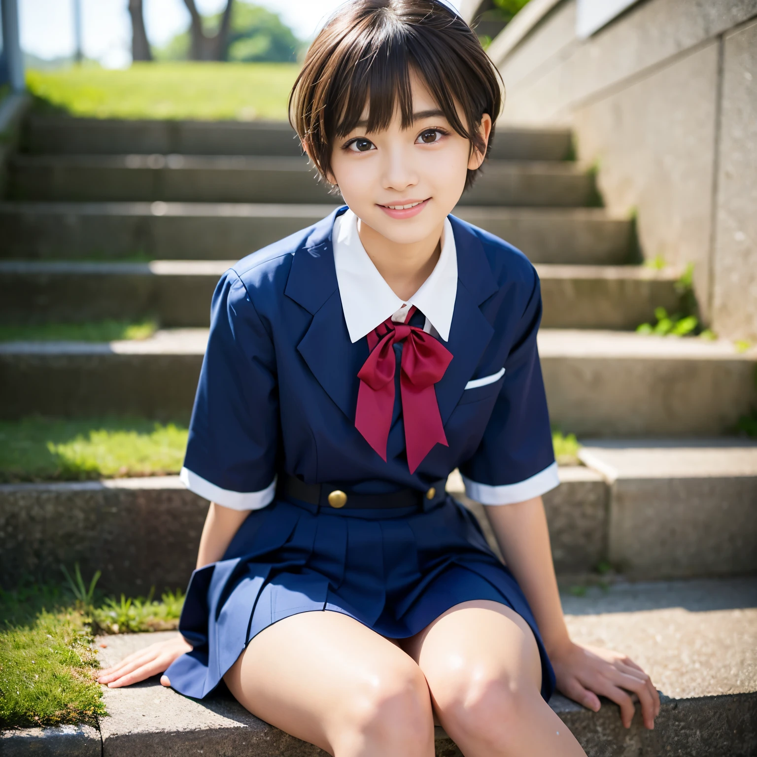 Best-quality, Masterpiece, Ultra-High-Resolution, (Photorealistic:1.4), Raw Photo, depth of field, professional lighting, perfect anatomy, extremely details, 1girl, 15-years-old, the most famous Japanese idol, wearing Japanese high-school uniform, sitting on stairs, (extremely cute face, (((extremely beautiful and extremely big eyes))), extremely beautiful short-cut-haired, extremely beautiful skins), realistic skin texture, extremely beautiful long-eyelashes, extremely beautiful lips, childish body, extremely beautiful thighs, looking at viewer, innocent-smile, detailed Japanese-high-school-uniform