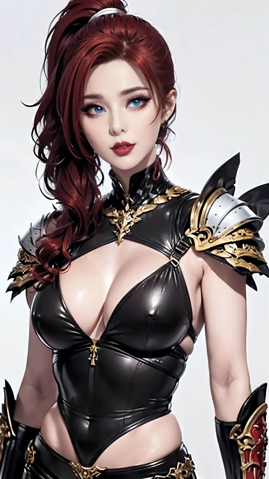 (8k, original photo, best quality, masterpiece:1.2), (Practical, photo-Practical:1.4), (Extremely detailed CG Unity 8K wallpaper), whole body (rogue:1.1) Women wearing gold jewelry (Leather Armor:1.3), Stitching the worn-out armor, (Extremely detailed:1.5), Gold and (White:1.5), Concept art portrait,author:greg rutkowski, Type Germ, Super Fine、Intricate Gothic Art Trending on Artstation, fantastic, Intricate details, (Small blue highlights:1), (Red hair, curls, High Ponytail: 1.4)
