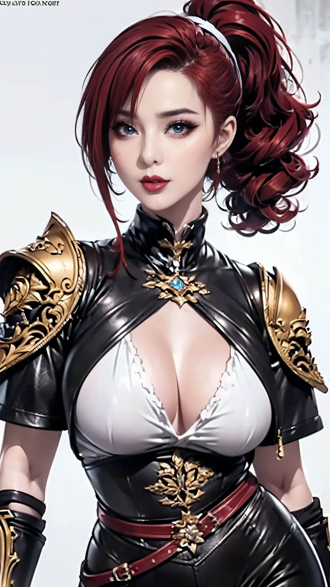 (8k, original photo, best quality, masterpiece:1.2), (Practical, photo-Practical:1.4), (Extremely detailed CG Unity 8K wallpaper), whole body (rogue:1.1) Women wearing gold jewelry (Leather Armor:1.3), Stitching the worn-out armor, (Extremely detailed:1.5), Gold and (White:1.5), Concept art portrait，author：greg rutkowski, Type Germ, Super Fine、Intricate Gothic Art Trending on Artstation, fantastic, Intricate details, (Small blue highlights:1), (Red hair, curls, High Ponytail: 1.4)