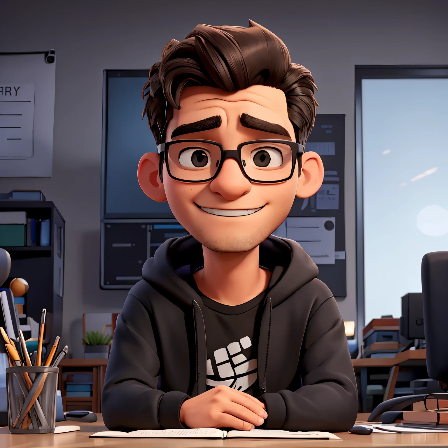 A man, wearing glasses in a black hoodie jacket in an office room, has crested hair