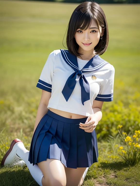 (highest quality:1.5)、(Realistic:1.5)、(1 person:1.5)、Very detailed、High resolution、8k、medium breasts、Natural color lips、Cute Smile、Japanese women、20-year-old girl、Beautiful and elegant face、Perfect and beautiful face、Balanced big eyes、Brunette eyes、Beautiful and elegant face、Natural double eyelids、Natural Bangs、Beautiful thin nose、Beautiful Skin、Medium Bob Hair、Natural Bangs、Perfect and beautiful face、Slim face and figure、Summer blue sky、Grass park on the mountain、Look at the viewers、School Sailor Uniform、White short-sleeved blouse shirt, navy pleated micro miniskirt,、Knee-high socks、Beautiful navel、Open the navel、臍が見えるSchool Sailor Uniformを着ている、High-angle composition、(Staring at the camera with a sweet smile)、Bright lighting、Professional Lighting、Forward lighting、Beautiful feet:1.2、Smooth Skin、Slim Body、Slim waistline、slim thin thighs、(Kneeling on the grass)、(Angle from the front)、Stand on one knee、
