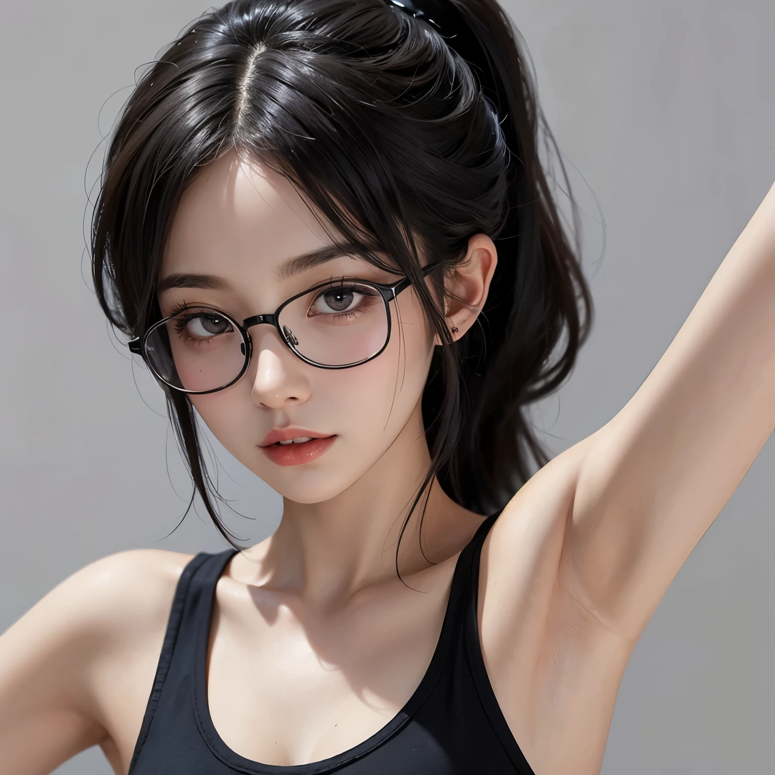 ((best quality)), ((masterpiece)), (detailed), perfect face. Black hair. Ponytail. Anime girl. Asian girl. Black eyes. Ulzzang. Glasses. Tanktop. Armpit.