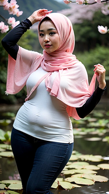 a gorgeous indonesian hijab girl in a misty mountains and lotus pond, cherry blossoms, chubby, perfect face, scarf, necklace, bracelet, dynamic pose, detailed detail, real skin texture, best quality, ultra sharp,