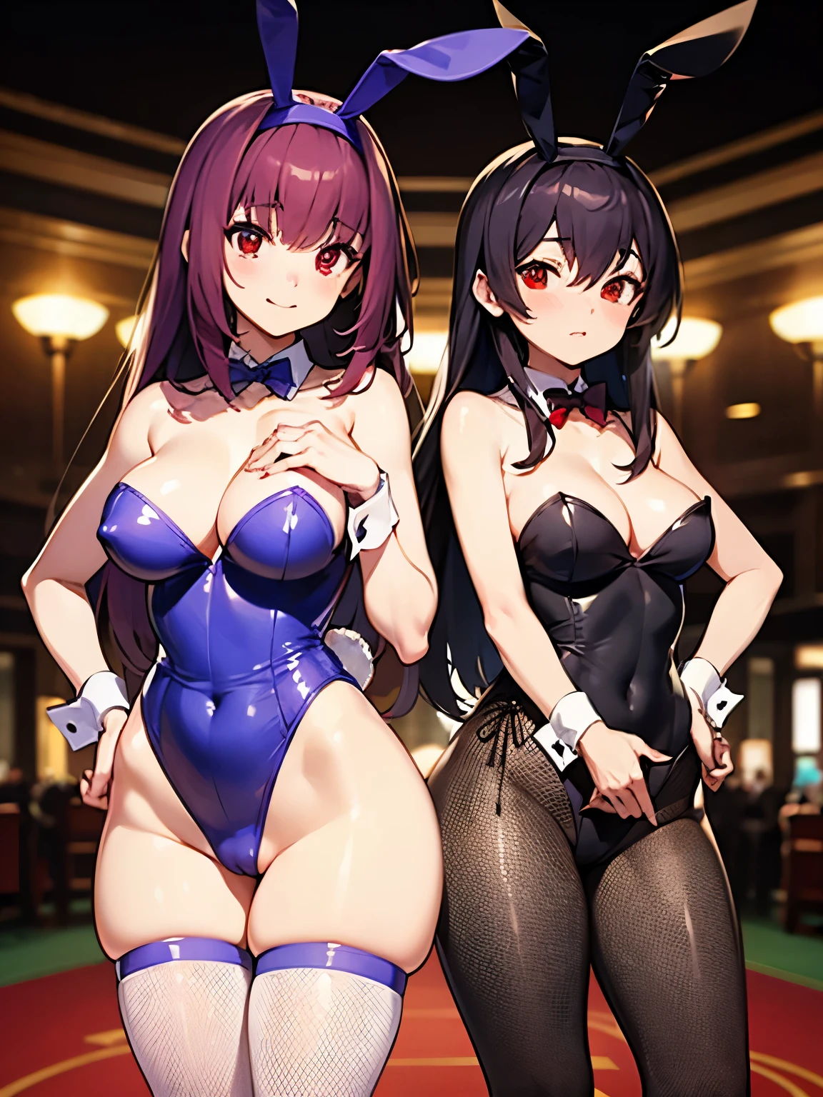 NSFW,Scathach、Long Hair、Purple Hair、(Red Eye:1.5),Animal Ears、Cleavage、first round、偽Animal Ears、Fishnetpantyhose、Fishnet、High leg、High legleotard、leotard、Official Alternative Costumes、pantyhose、Playboy Bunny、紫色のleotard、Bunny ears、Thighs、Wrist cuffs、Embarrassed,blush,(Perfect hands),(Perfect Anatomy),(masterpiece),(highest quality),Hands on hips,casino