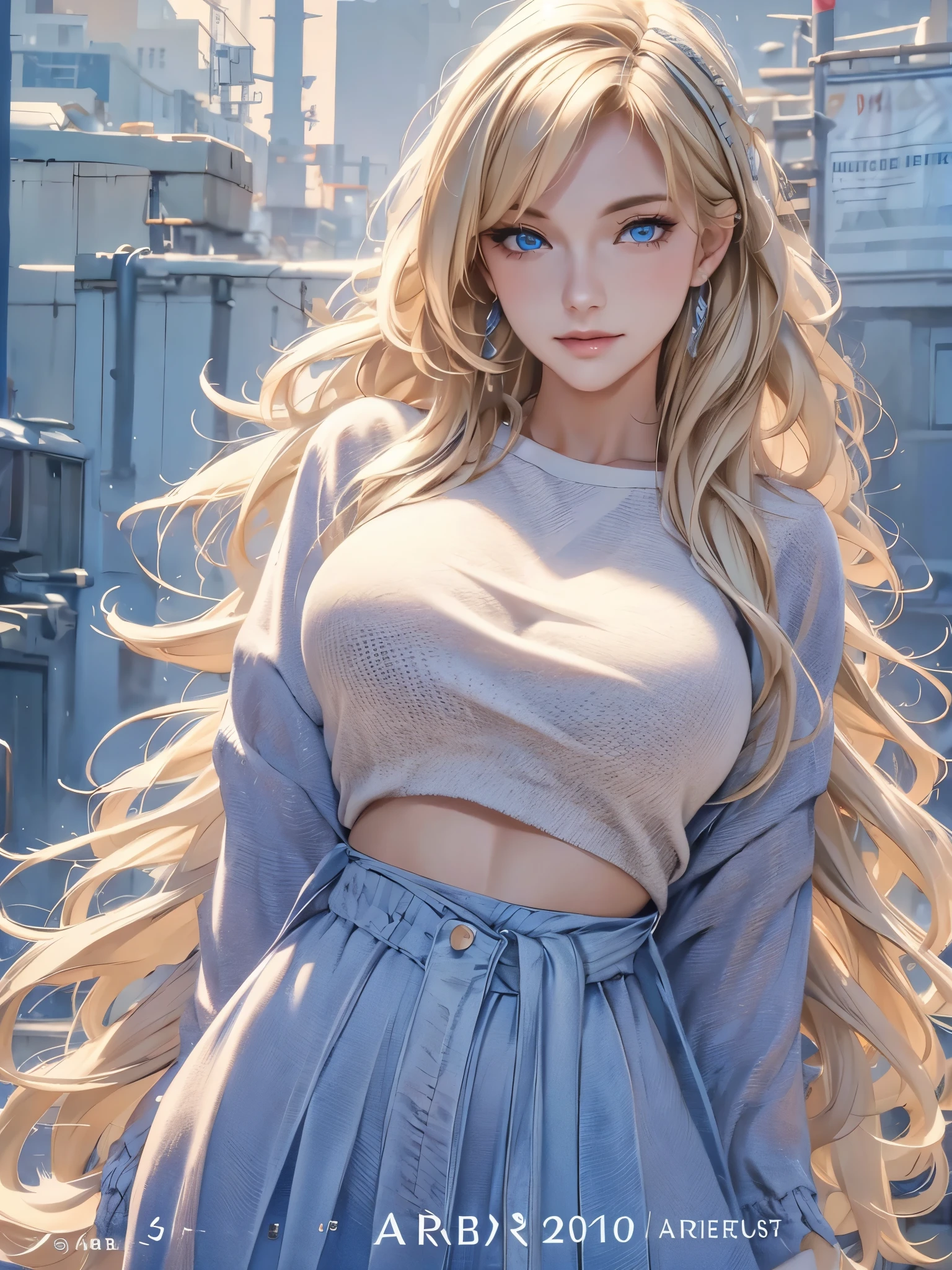 portrait, actual, blue eyes, Blonde hair, Large Breasts, 4K resolution, High quality CG, Beautiful CG, Soft Light, fashion brand image, Fashionable and casual,