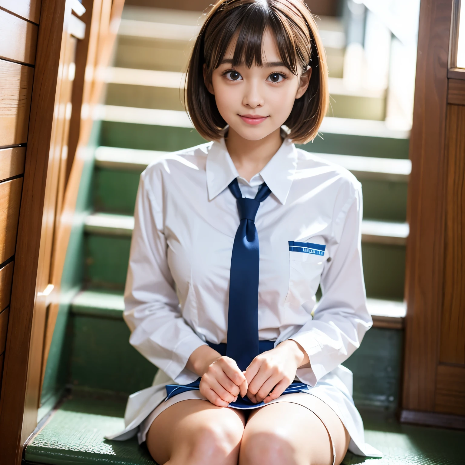 Best-quality, Masterpiece, Ultra-High-Resolution, (Photorealistic:1.4), Raw Photo, depth of field, professional lighting, perfect anatomy, extremely details, 1girl, the most famous Japanese idol, wearing Japanese high-school uniform, sitting on stairs, (extremely cute face, (((extremely beautiful and extremely big eyes))), extremely beautiful short-cut-haired, extremely beautiful skins), realistic skin texture, extremely beautiful long-eyelashes, extremely beautiful lips, childish body, extremely beautiful thighs, looking at viewer, innocent-smile, detailed Japanese-high-school-uniform