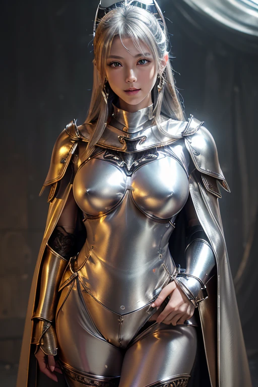 8k, masterpiece, RAW Photos, highest quality, Realistic, Highly detailed CG Unity 8k wallpaper, Depth of written boundary, Cinematic Light, Lens flare, Ray Tracing, (Very beautiful face, Beautiful Lips, Beautiful Eyes), Exquisitely detailed face, ((Highly detailed skin)) One Girl, In the Dark, Deep Shadow, Attractive Russian model Nata Lee, ((View your viewers)), (A seductive smile), (Blurred Background), (Large Breasts:1.5), Earrings, bracelet, necklace, Clear Eyes, castle room, Holding the Sword, Front shot, (Pale skin), Look forward, (Big eyes), ((Upper Body Shot)), (Camel Toe, shape), ((nice (Silver metal armor) Silver Cape Design:1.5)), (Umbilical cord prolapse:1.5), Light blonde hair, (ponytail), ((A seductive smile)), ((Camel Toe)).
