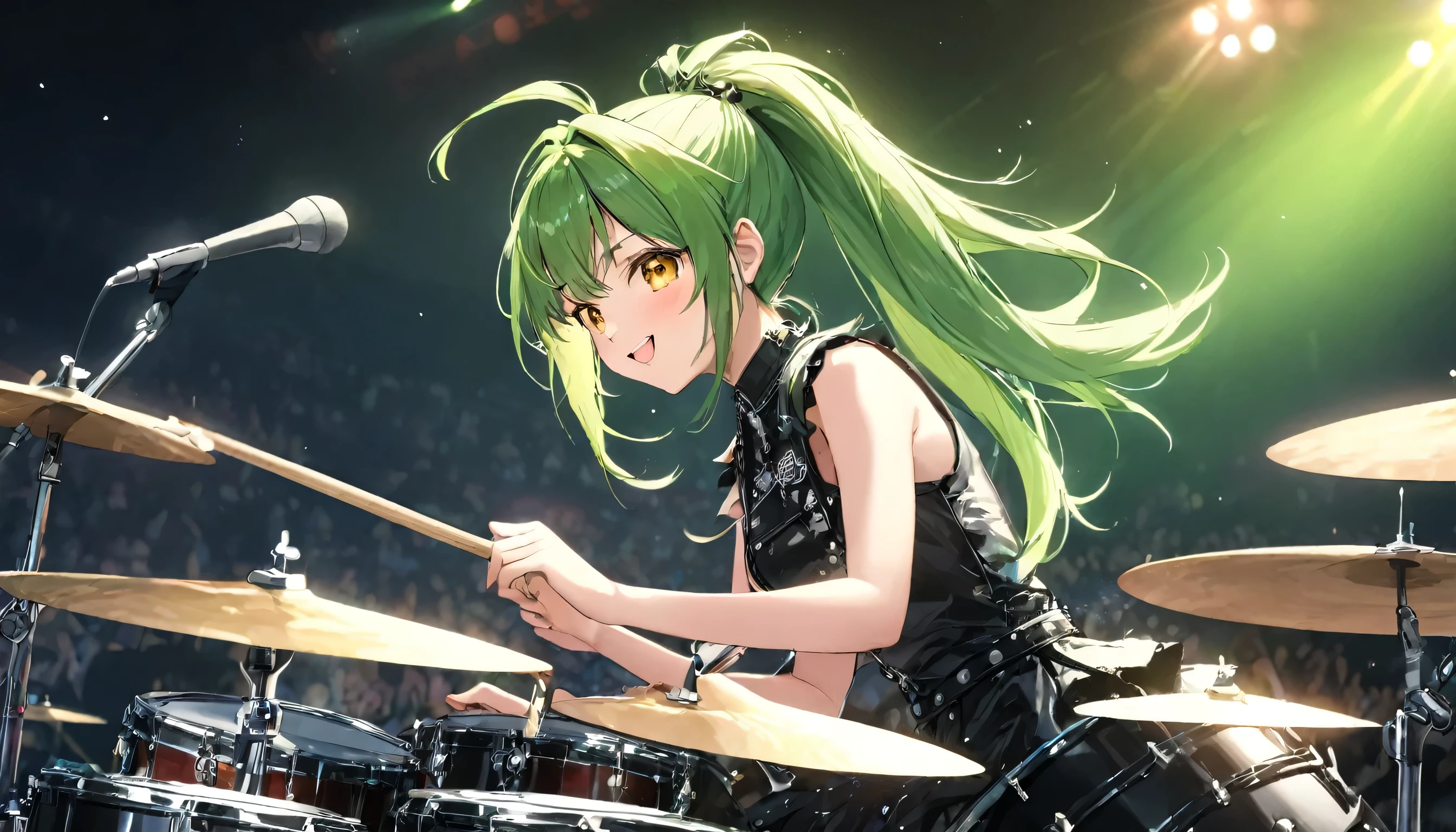 (panoramic in the Concert Venues), profile ((punk girls band style)) (in a sexy punk dress) (a ponytail green hair long hair cute girl is  drummer, 15 yo, cute yellow eyes, blushing, love smile), (playing detailed drum), BREAK, perfect anatomy, masterpiece, best quality, 16k.