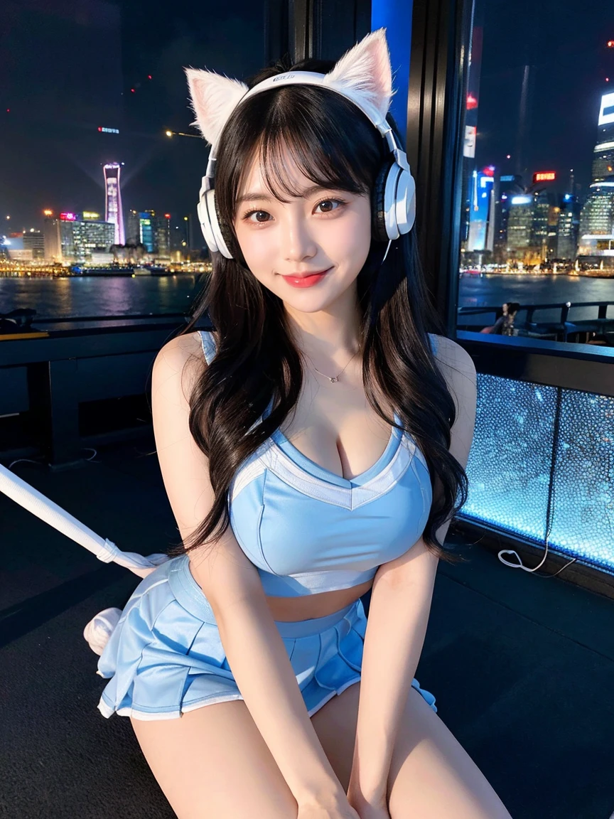 Full body photo、whole、最high quality, masterpiece, 32k、Very detailed、Realistic、1 girl, Japanese women、Cute face, (photo Actual:1.3), Edge lighting, (Skin with attention to detail:1.2), 8k超High resolution, Single-lens reflex camera, high quality, High resolution, 4K, 8k, Optimal ratio of four fingers to one thumb, (Actual:1.3), smile、自然なsmile、Nice body、big Boobs(big 、There is a valley)Baseball Cheerleader Costumes(black、Light blue line design、Japanese professional baseball cheerleaders)、Cat ear headphones(ピンク色のネオンCat ear headphones)、cute 1 girl, Realistic、Super Realistic、32k、Very detailed、masterpiece, 最high quality, beautiful girl, beauty、 Mecha, Beautiful lighting, Sitting,Cyber Neon、Future City、Skyscraper、City Night、Shanghai、big cities、Night view、綺麗なNight view