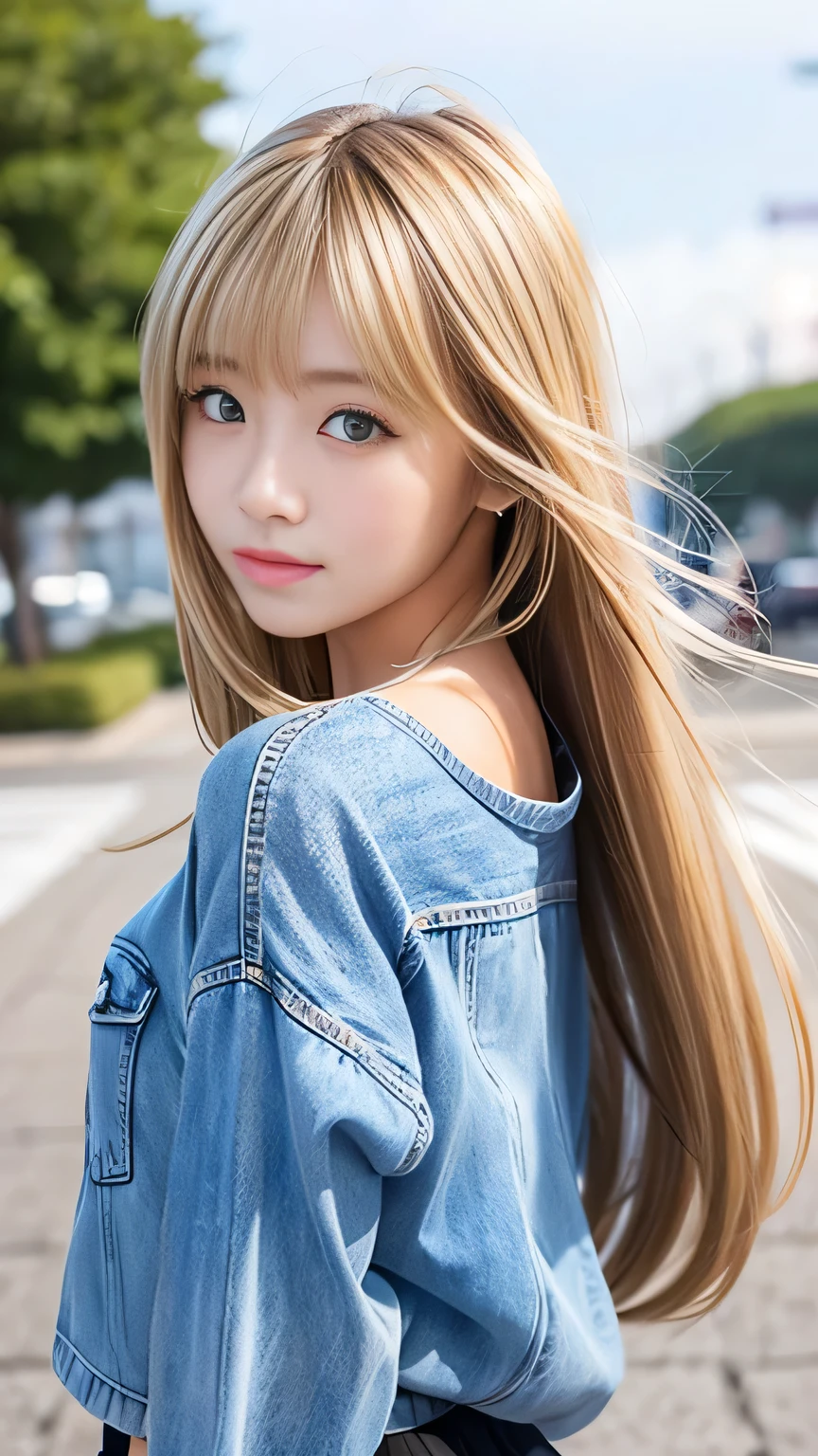 Sexy Big 、Sexy cute looks and cute  beautiful girl, beautiful and sexy face、A strong wind blows my hair in front of my face、With straight blonde hair、beautiful, Cute and sexy eyes hidden behind long bangs。