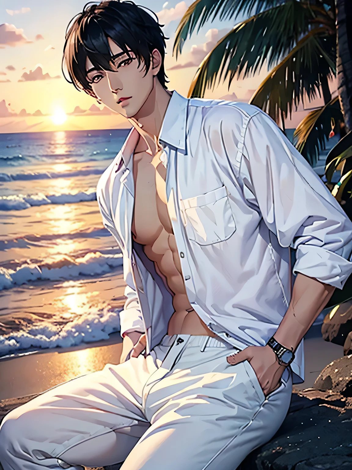 Highest quality、Detailed face、Handsome anime man in casual style clothes, White wide pants and an oversized shirt on bare skin,Six-pack 、White beach, sunset、Black Hair、partedbangs