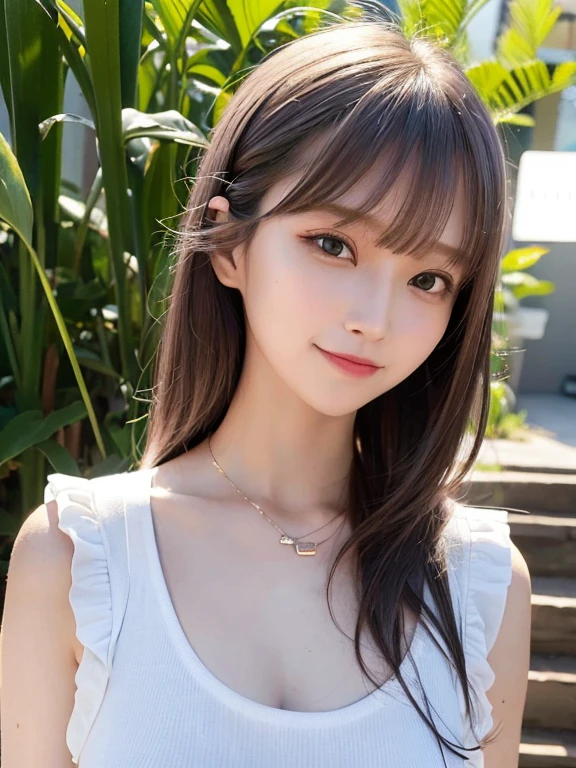 highest quality, 超A high resolution, (Realistic:1.4), One Girl, High nose bridge, Medium Hair, (Outside Bounce), drooping bangs, Flat Chest, smile, (True Face), (22 years old:1.5), Face Focus