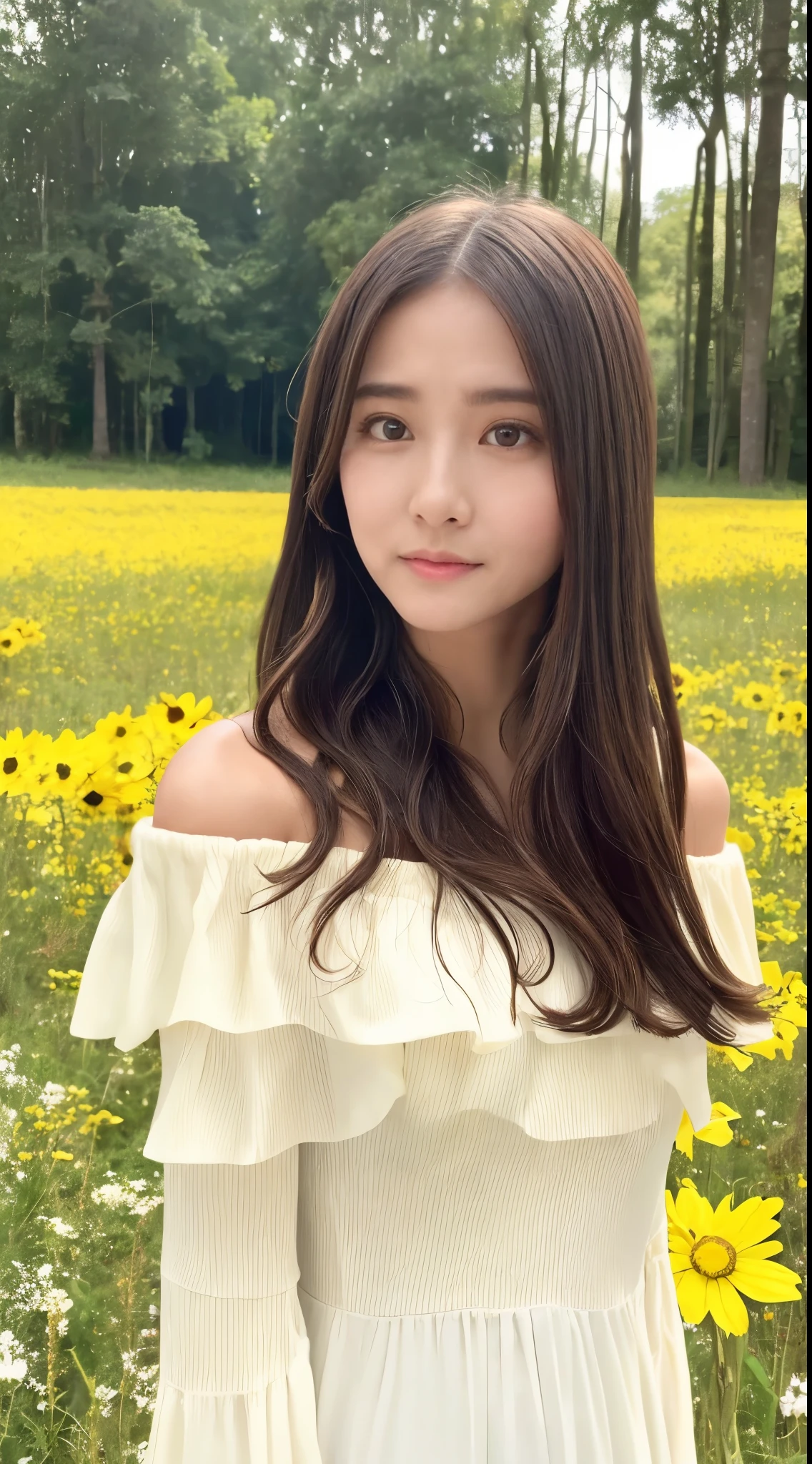 masterpiece, highest quality, Ultra-high resolution, Fluorescent color,, 1 girl, Looking at the audience, Beautiful Face, Beautiful Eyes, (Off the shoulder: 1.2), Lift your head, Upper Body, forest, Shiny Hair, Shiny skin, Shining cut, Little, Adjusting the Finger Ratio、Flower Field、Under the sky、uniform