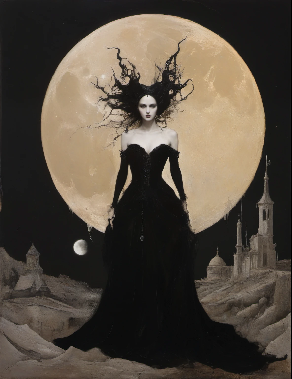 James Gurney, Surrealist art , dream-like, Mysterious, Provocative, symbolic, Complex, detailed,, (Gothic but very beautiful:1.4), (masterpiece, highest quality:1.4) , Nicola Samori Style, moon goddess 