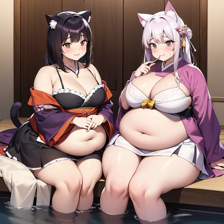 (masterpiece、best quality、Super quality、Perfect anatomical structure、detailed、Intricate details、Impeccable attention to detail、Excellent execution、Big breasts beauty、upscale、Perfect craftsmanship、Performance Arts:1.3),(fat、Chubby、Plum:3.45), 2 girls, Black hair color, White hair, By Bangs, Wide waist, Wide body,Cat ear,Huge belly,The abdomen is divided into two layers,The belt is tightening the belly,sitting in water,The belt is tightening the belly,Hip-covering skirt:3),Tight fabric on chest,Chubby,Heavy stomach,hot spring,Two fat cat women huddled together face to face,sitting in water,Skirt rip,hot spring,Eating,hot spring,Tight fabric on chest,kimono,The skirt is tight on the lower abdomen,hot springkimono,kimono,Anime cat girl huge intestines eat a lot of food and intestines on the table - car,Swollen stomach