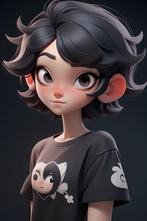 Huff, 3D face pattern, tomBoy with long short, Dyed short hair,long eyelasher,black t-shirts,(黑The eye) ,,, black hair color hair