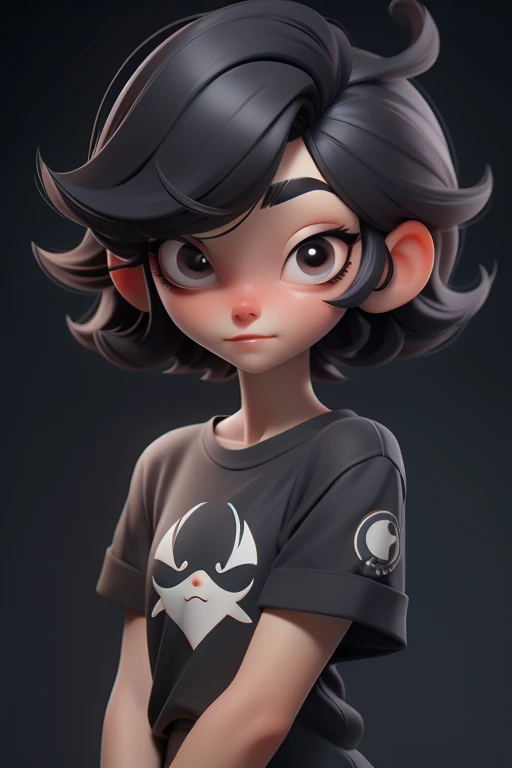 Huff, 3D face pattern, tomBoy with long short, Dyed short hair,long eyelasher,black t-shirts,(黑The eye) ,,, black hair color hair
