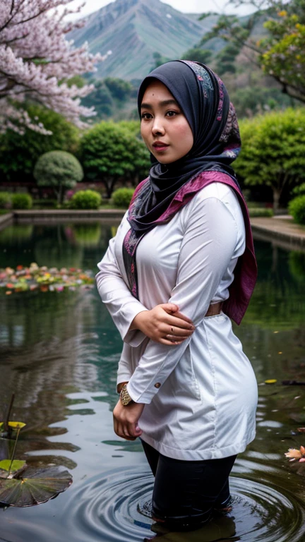 a gorgeous indonesian hijab girl in a misty mountains and lotus pond, cherry blossoms, chubby, perfect face, scarf, necklace, bracelet, dynamic pose, detailed detail, real skin texture, best quality, ultra sharp, 