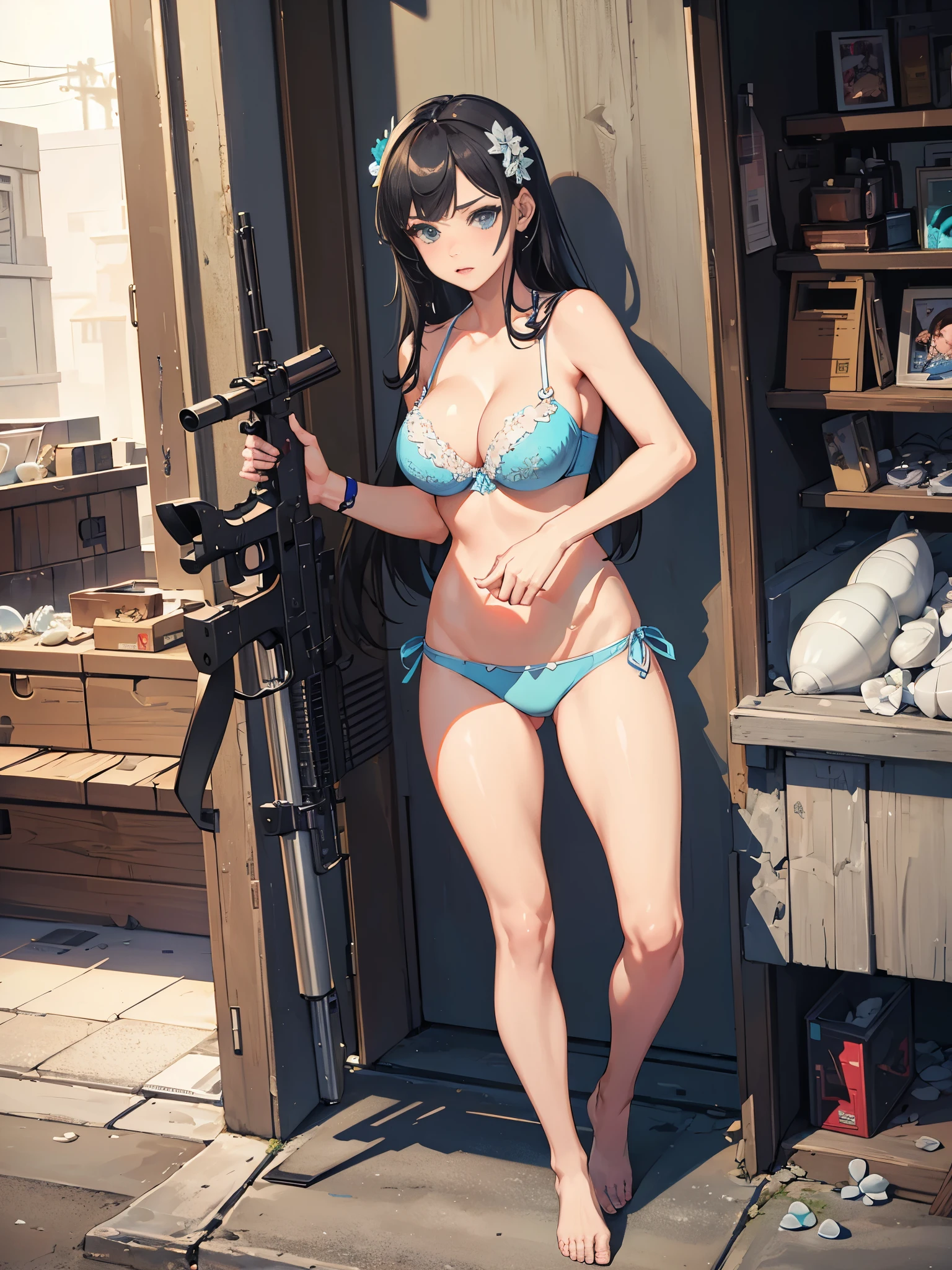 masterpiece, best quality, high resolution, extremely detailed CG, GTA5, 1girl, light blue bikini, ((bra with shells)), holding gun, rifle, barefoot