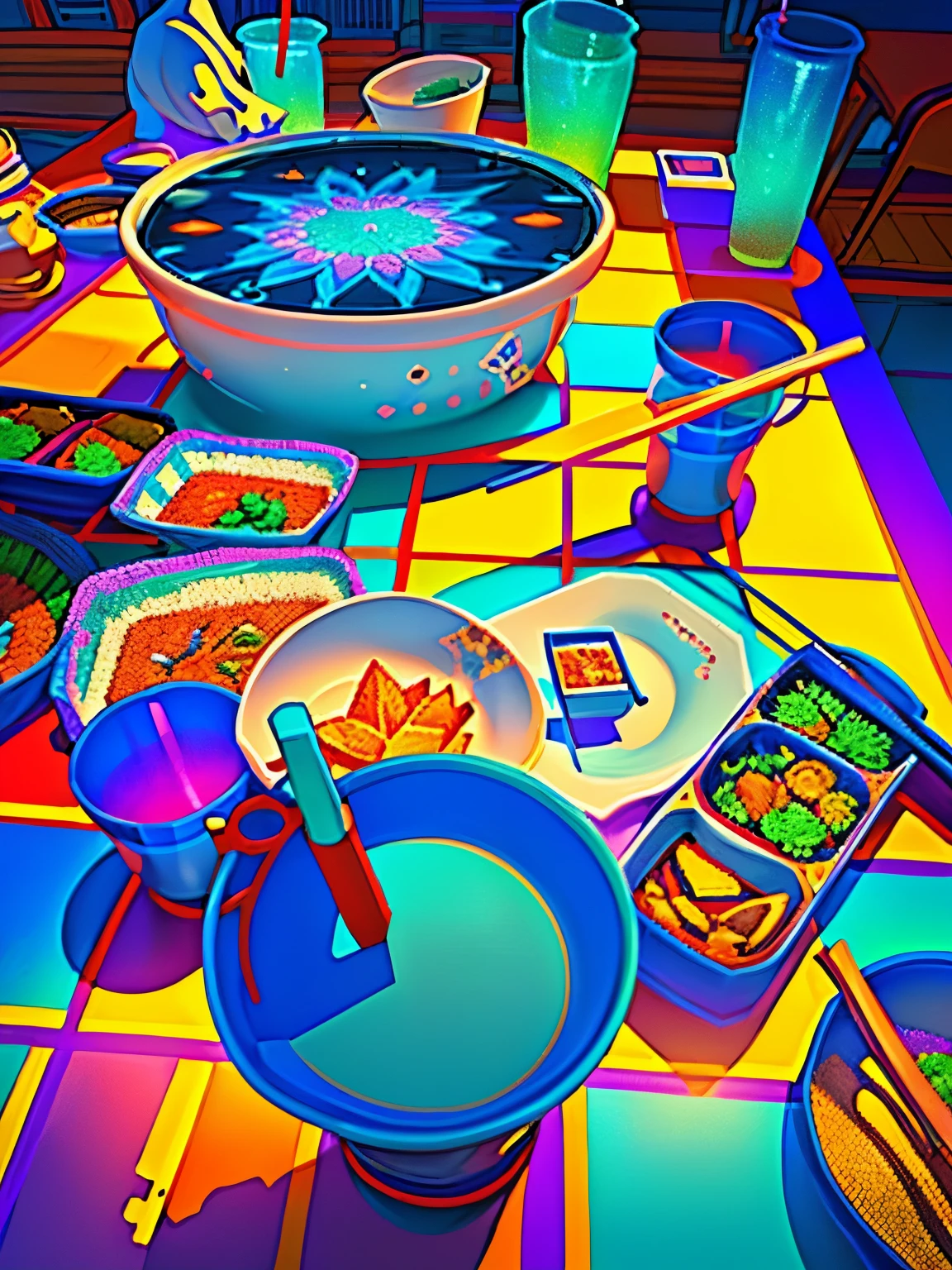 There is a table，The closest thing to the camera is a white plastic cup，Top view，Drink cups are stacked with plates and bowls, Only food scraps left on the table，,(best quality,4k,8k,high resolution,On the table:1.2),Ultra Detailed, [Vibrant colors], [Psychedelic pattern], [Glittering texture], [Abstract shapes], [unique design], [Fascinating light], [Creative composition], [Playful elements], [dreamy atmosphere], [Artistic Expression], [Fantasy Surrealism], [Vibrant movement], [Futuristic aesthetic charm], [bold and energetic], [psychedelic atmosphere], [Neon], [An eclectic mix], [Ethereal Beauty], [An otherworldly experience], [whimsical touch], [sensory overload], [mind-bending fantasy], [Electric energy], [hypnotic vision], [mysterious nature], [Imaginative shoes], [Eye-Catching Details], [Dynamic Contrast Ratio], [Psychedelic color palette], [Exquisite craftsmanship], [Stunning visual effects], [fascinating perspective], [unconventional design], [Expand your way of thinking], [unforgettable shock]