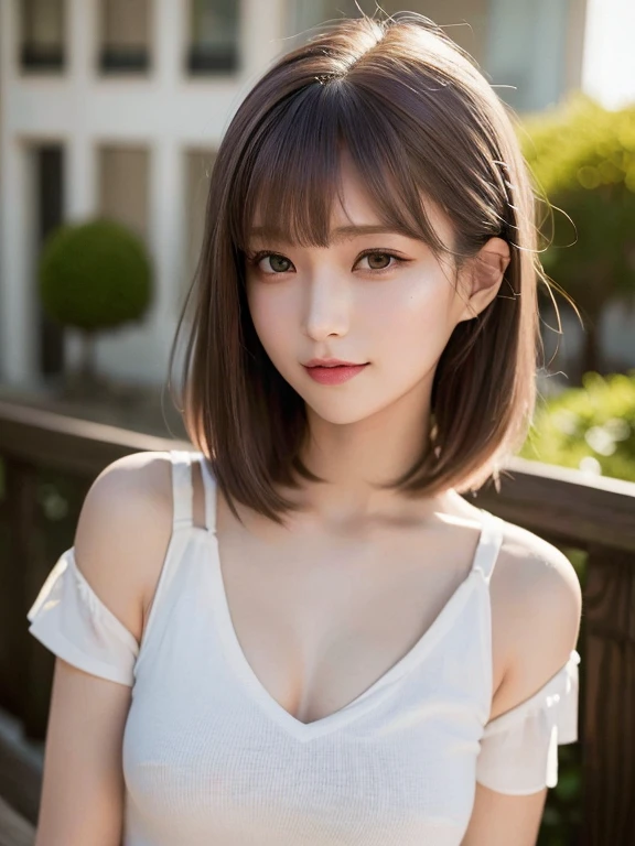 highest quality, 超A high resolution, (Realistic:1.4), One Girl, High nose bridge, short hair, (Outside Bounce), drooping bangs, Flat Chest, smile, (True Face), (24-years-old:1.5), Face Focus,Bronze Hair