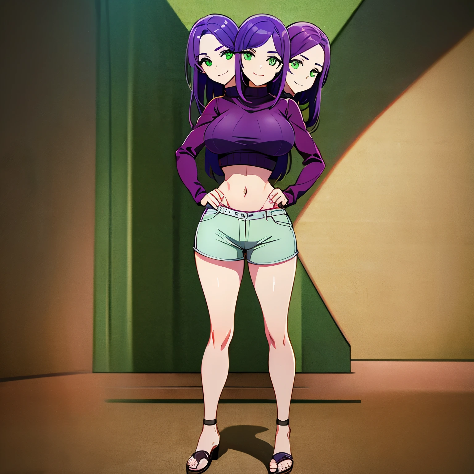 best quality, (masterpiece),(ultra-detailed), (high quality), (high resolution), ((2heads:1.5)), ((violet hair)),, large breasts, shorts , full body,best quality:1.5, highres, UHD, 4K), medieval outfit, smiling, ((white crop top)), wearing sandals, ((full body)), ((seductive pose)), ((detailed eyes)), (mature woman), exposed midriff, (giant woman), ((green eyes))