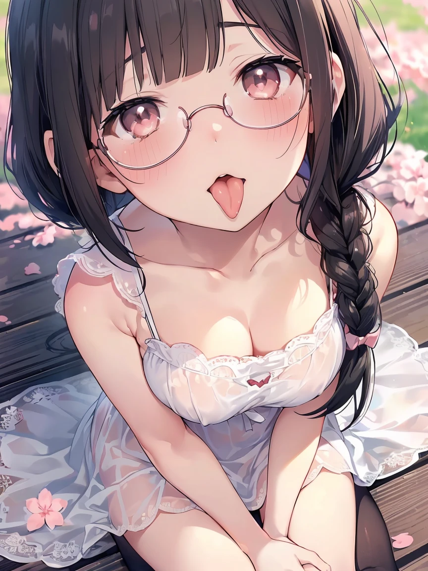 Very detailed, highest quality, High resolution, Moe Anime, ((A cute elementary school girl with black hair and droopy eyes)), ((Wearing large round glasses:1.4)), (Baby Face), Cute eyes, Detailed eye depiction, Sparkle in the eyes, View your viewers, Pale skin, (Big eyes:1.4, Droopy eyes:1.4, Fatty face:1.4), smile, Focus on the face, In the park with cherry blossoms falling, Sitting, (Extreme close up of tongue), (((From above))), Open your mouth, (((Face only:1.3))), ((White lace negligee sleeveless dress)), Bright Eyes, (Put your hands between your legs:1.4), large and long tongue, Cleavage, Braided Hair, Pink ribbon