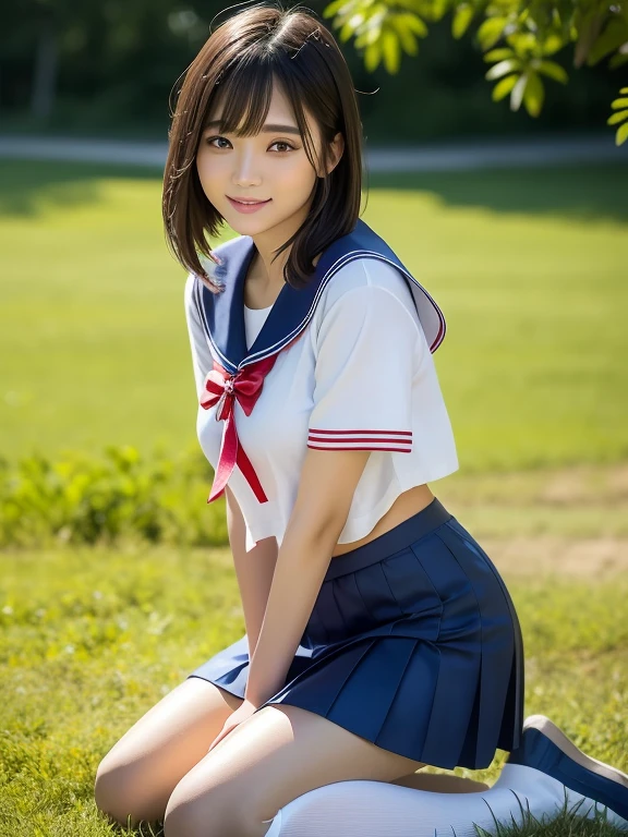 (highest quality:1.5)、(Realistic:1.5)、(1 person:1.5)、Very detailed、High resolution、8k、medium breasts、Natural color lips、Cute Smile、Japanese women、20-year-old girl、Beautiful and elegant face、Perfect and beautiful face、Balanced big eyes、Brunette eyes、Beautiful and elegant face、Natural double eyelids、Natural Bangs、Beautiful thin nose、Beautiful Skin、Medium Bob Hair、Natural Bangs、Perfect and beautiful face、Slim face and figure、Summer blue sky、Grass park on the mountain、Look at the viewers、School Sailor Uniform、White short-sleeved blouse shirt, navy pleated micro miniskirt,、Knee-high socks、Beautiful navel、Open the navel、臍が見えるSchool Sailor Uniformを着ている、High-angle composition、(Staring at the camera with a sweet smile)、Bright lighting、Professional Lighting、Forward lighting、Beautiful feet:1.2、Smooth Skin、Slim Body、Slim waistline、slim thin thighs、(Kneeling on the grass)、(A little angle from below)、Stand on one knee、