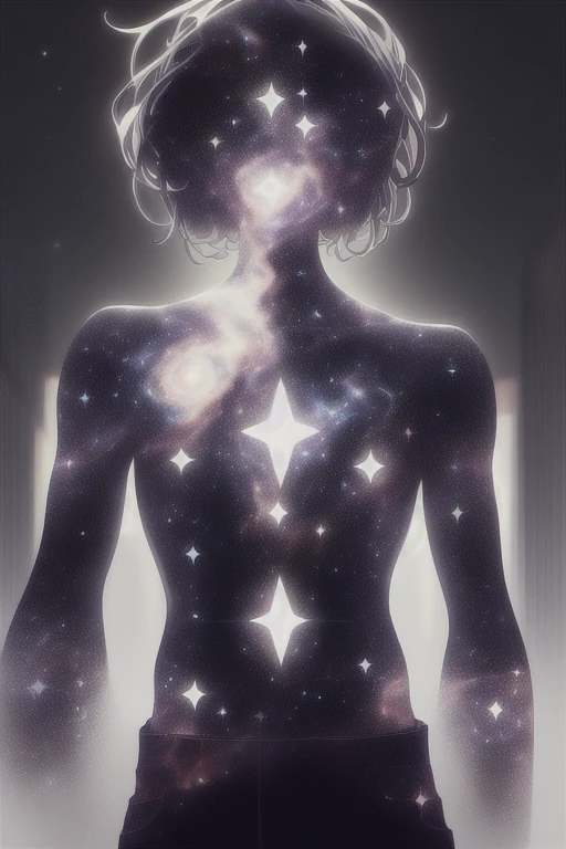 Human,male,man,curator,mid-twenties,short hair, dark celestialskin body,void cosmic body,colored skin,flat color,jet black skin,silhouette,noble,empty body,small stars in body, dark form, simple silhouette,majestic,nobility,humble pose,
