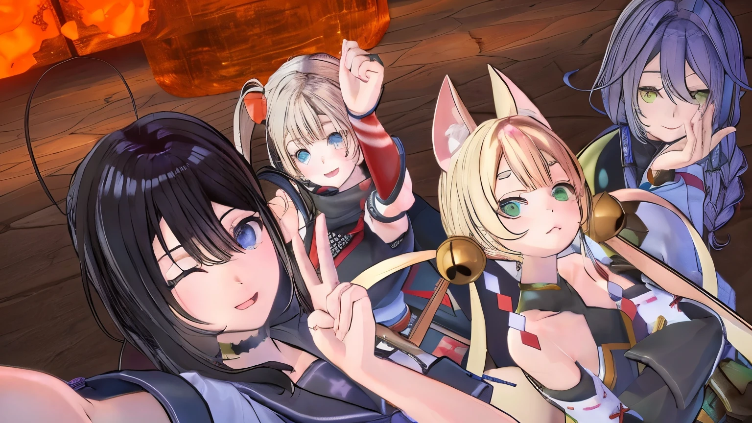 Cartoon characters posing for photos in front of the stove, From the Azur Lane video game, 《Azur route》Role in, Azure Lane style, Holographic Live Broadcast, official art works, guys, Visual novel cg, Girls Frontline cg, girl with cat ears, anime girl with cat ears, Fine details. Girls Frontline, key point, Girls Frontline universe, <Multiplayer online role-playing game scenario
