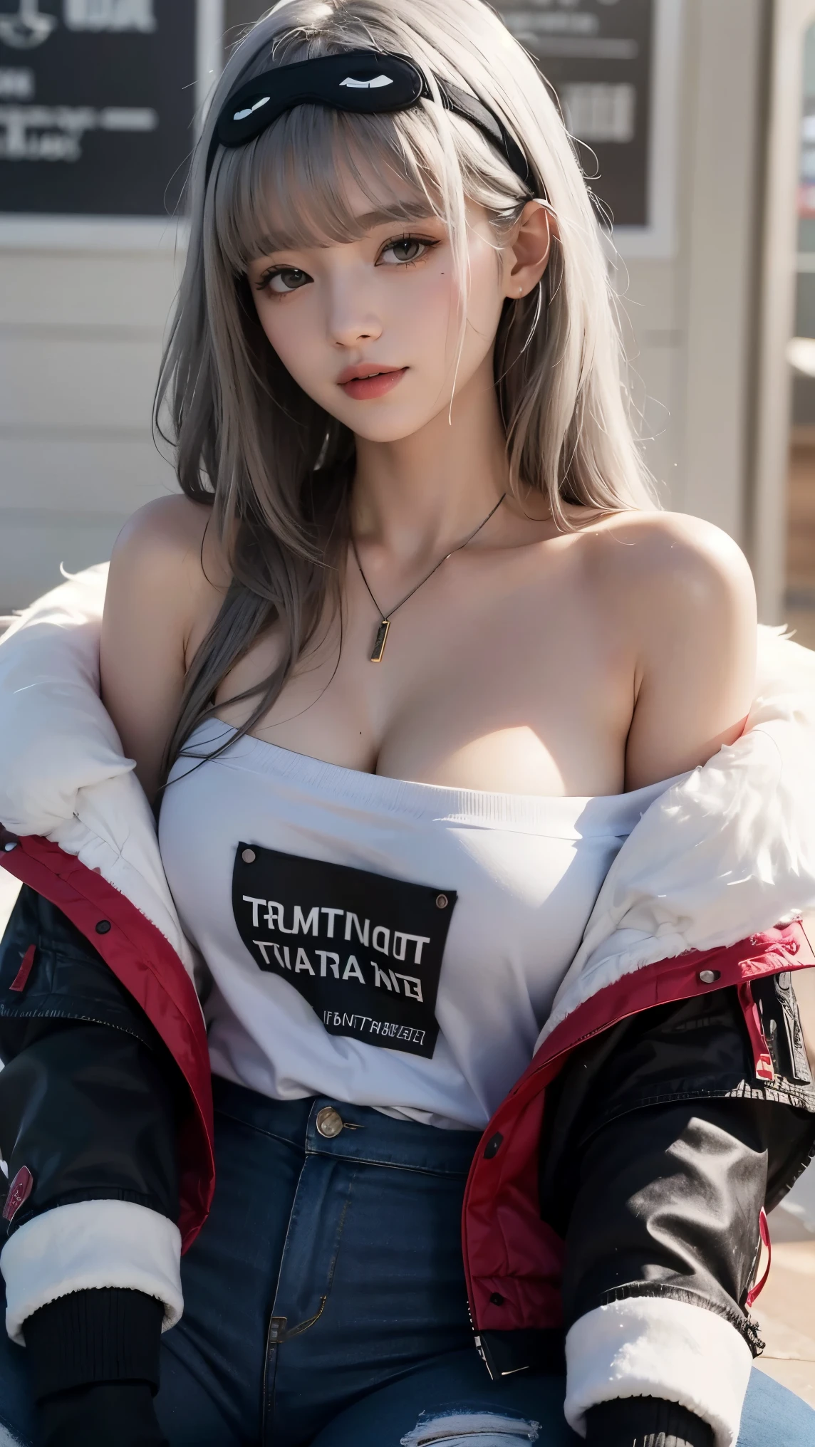 (masterpiece), (best quality), (ultra detailed),(illustration), (1girl),looking at viewer, (interview),beautiful detailed eyes, delicate beautiful face, Floating,(high saturation),(shining), large breast, frimadef, grey hair, white shirt, red jacket, fur trim, open clothes, off shoulder, black pants, torn pants, necklace, sleep mask, smiled