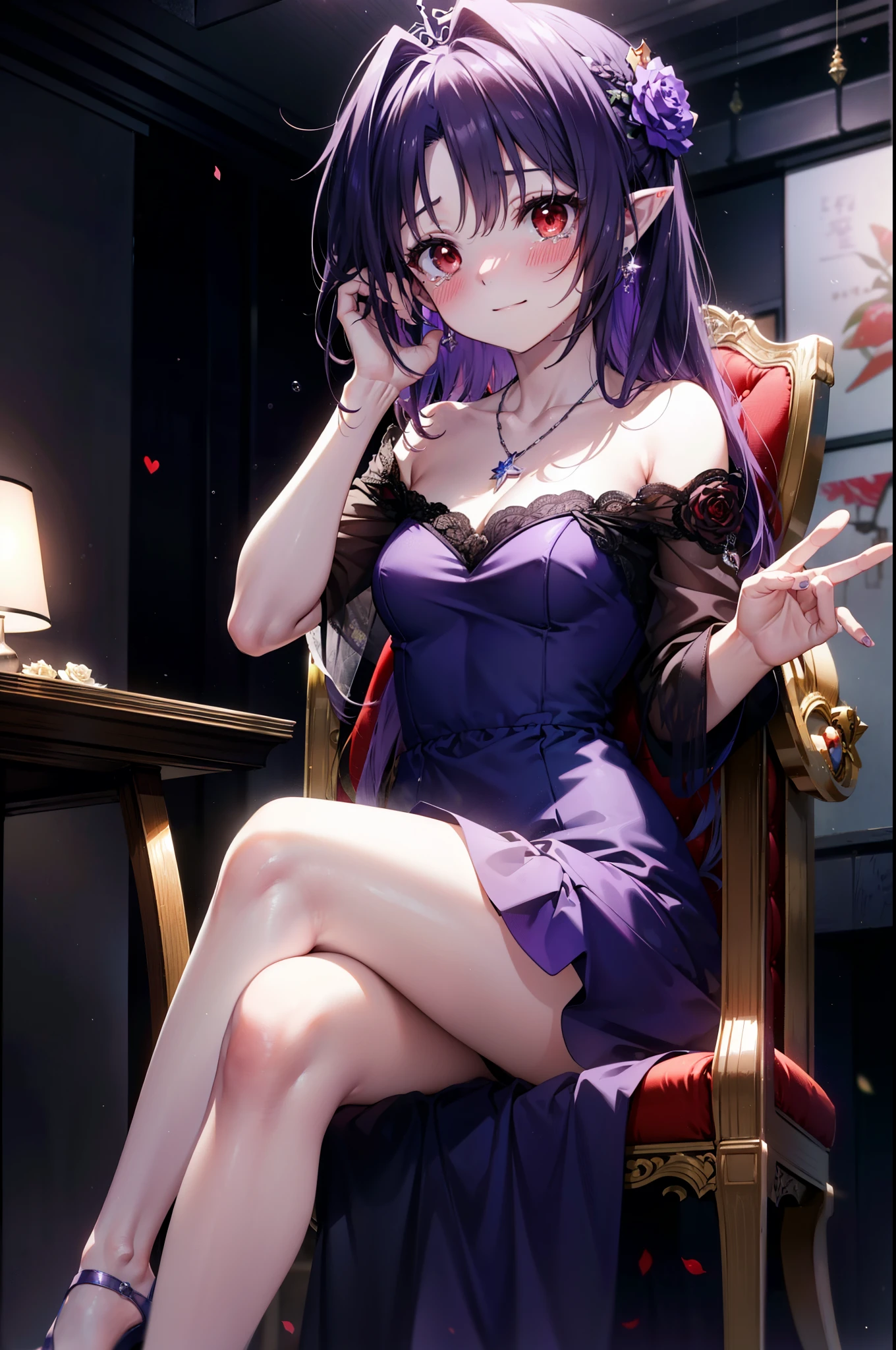 yuukikonno, Yuki Konno,Long Hair, tiara,Pointy Ears, Purple Hair, (Red eyes:1.5), (Small breasts:1.2), smile,Purple Dress,Purple long skirt,purple stiletto heels,No sleeve,Expose your shoulders,Bare arms,Bare neck,bare clavicle,She is sitting in a chair holding a large bouquet of flowers in both hands.,There is a big cake on the table,Heart Necklace,Tears stream down her face,Tears of joy,I cry a lot,whole bodyがイラストに入るように,
break indoors, Party Venue,on stage,
break looking at viewer, whole body,
break (masterpiece:1.2), highest quality, High resolution, unity 8k wallpaper, (shape:0.8), (Beautiful details:1.6), Highly detailed face, Perfect lighting, Highly detailed CG, (Perfect hands, Perfect Anatomy),