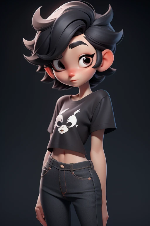 Huff, 3D face pattern, tomBoy with long short, Dyed short hair,long eyelasher,black t-shirts,(黑The eye) ,,, black hair color hair, tiny legs, small hips, skinny black jeans