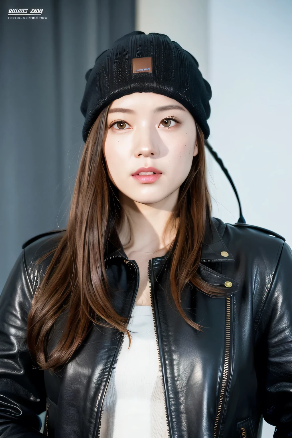 (
(8k:1.27), highest quality, masterpiece, Ultra-high resolution:1.2) Beautiful Japanese women photos
 (beautiful:1.1) (Sci-fi warrior woman:1.1) Space Soldier, (Beanie:1.61) (leather jacket:1.21) Complex and elegant, Fantasy, detailed, By Greg Rutkowski and Alfons Mutch『ometric』, Gradient lighting