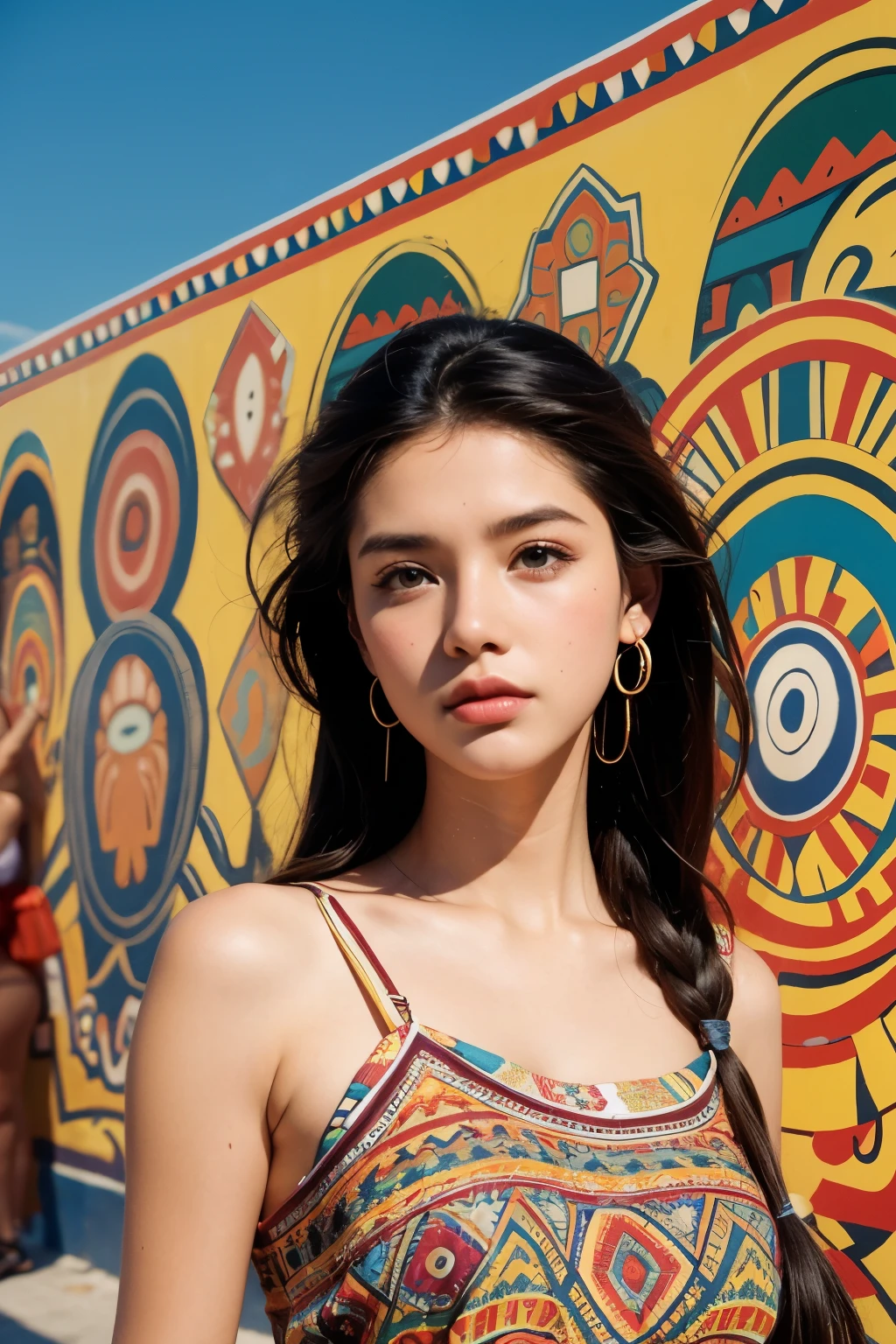 A beautiful woman wearing a 90s retro dress in front of a Mayan mural., model pose, (Highly detailed facial expressions),