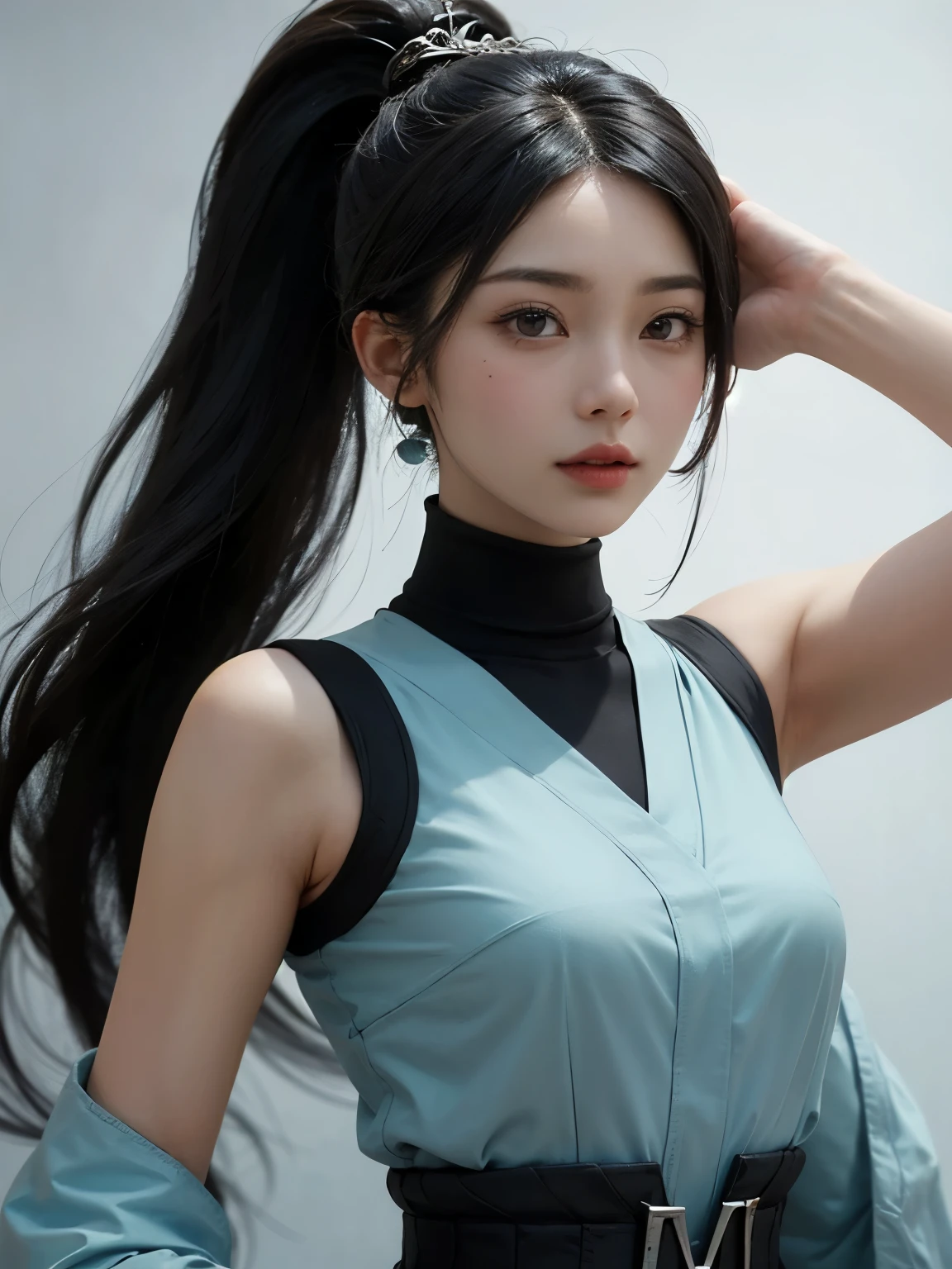 ((best quality)), ((masterpiece)), (detailed), perfect face. Black hair. Ponytail. Anime girl. Asian girl. Black eyes. Ulzzang. Armpit.