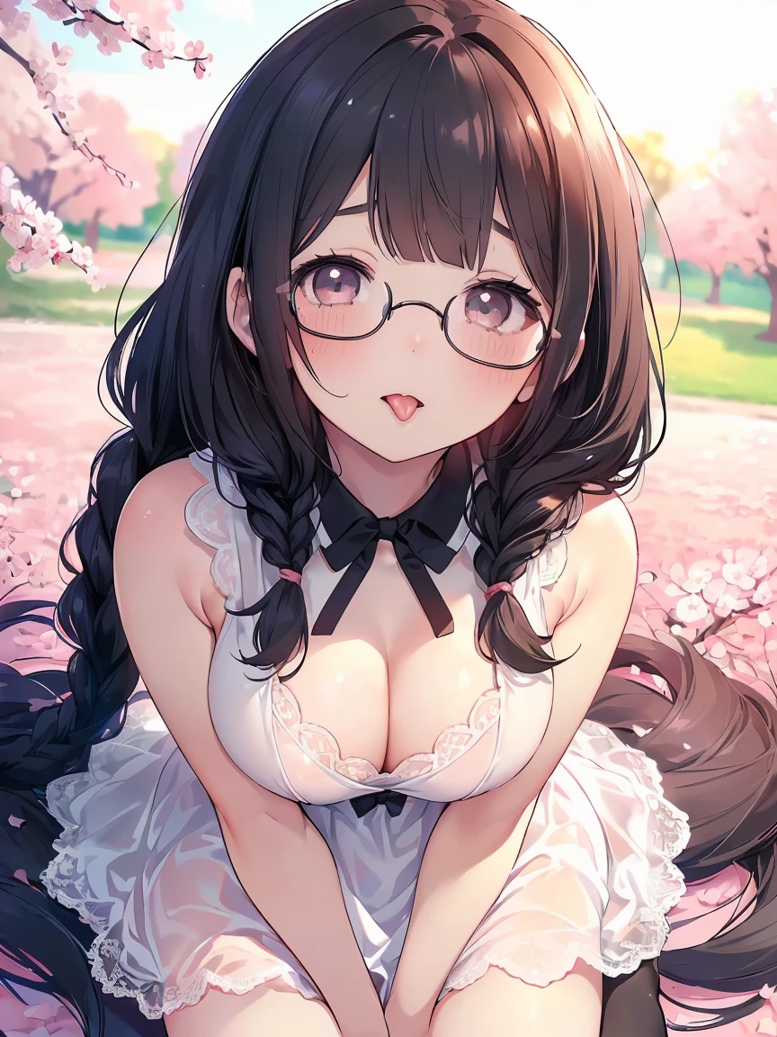 Very detailed, highest quality, High resolution, Moe Anime, ((A cute elementary school girl with black hair and droopy eyes)), ((Wearing large round glasses:1.4)), (Baby Face), Cute eyes, Detailed eye depiction, Sparkle in the eyes, View your viewers, Pale skin, (Big eyes:1.4, Droopy eyes:1.4, Fatty face:1.4), smile, Focus on the face, In the park with cherry blossoms falling, Sitting, (Extreme close up of tongue), (((From above))), Open your mouth, (((Face only:1.3))), ((White lace negligee sleeveless dress)), Bright Eyes, (Put your hands between your legs:1.4), large and long tongue, Cleavage, Braided Hair, Pink ribbon
