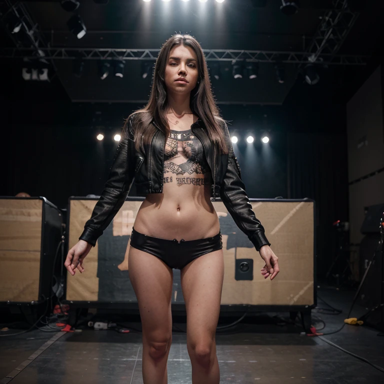 female rockstar, concert in background, (((full body visible))), looking at viewer, portrait, photography, detailed skin, realistic, photo-realistic, 8k, highly detailed, full length frame, High detail RAW color art, piercing, diffused soft lighting, shallow depth of field, sharp focus, hyperrealism, cinematic lighting