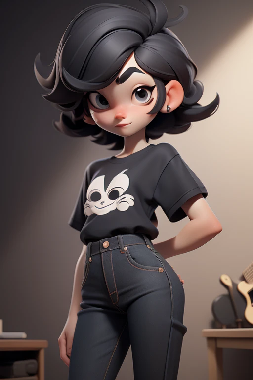 Huff, 3D face pattern, tomBoy with long short, Dyed short hair,long eyelasher,black t-shirts,(黑The eye) ,,, black hair color hair, tiny legs, small hips, skinny black jeans , on bedroom, guitars hanging on the walls