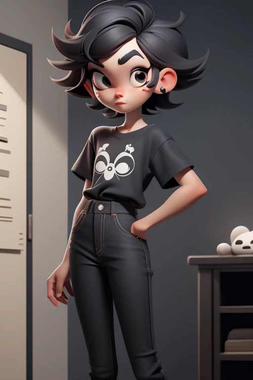 Huff, 3D face pattern, tomBoy with long short, Dyed short hair,long eyelasher,black t-shirts,(黑The eye) ,,, black hair color hair, tiny legs, small hips, skinny black jeans , on bedroom, guitars hanging on the walls