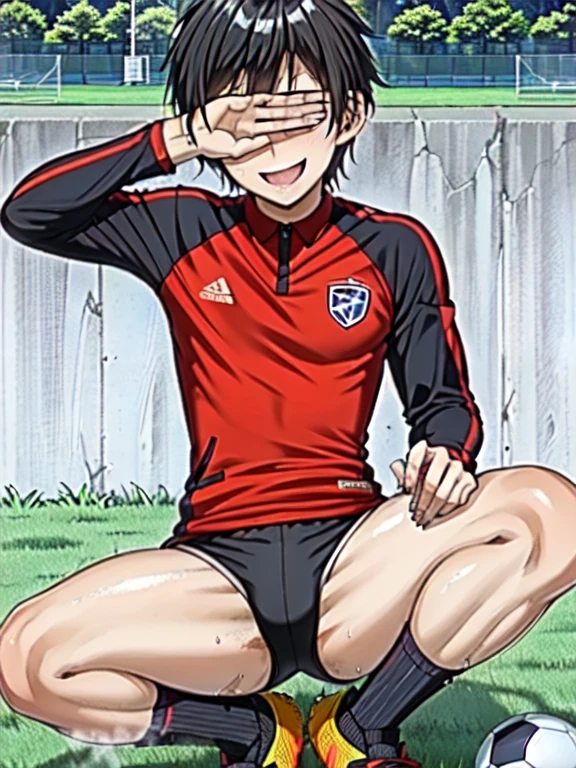 (((Official Art,Ultra-thin illustration,High resolution, Mastepiece, Best Quality,Best Quality,)))high quality, detailed, (),12 year old,(((solo)))、(((Covering eyes Pose))) ,A young, ace striker male idol with a super cute face,A boy as beautiful as Planding, Smiling cool handsome face, soccer spike, Beautiful long legs, Thighs, Foots, No bulge, (Black Hair、Short Hair)、Shiny Hair, (Tight shiny random color soccer uniform suit), (Tight and shiny soccer shorts), (Soccer socks), Grassland, Cool pose, (厚いThighs、Seducing a big ass into your crotch)、(((Soccer field in the park)))、((Saucy、))、Grinning、Spread legs,Ultra-fine painting, (Best Quality, 4K, 8K, High resolution, Mastepiece:1.2),Service shot、((detailedな目:1.2))、Showing off her big ass、Proud ass、