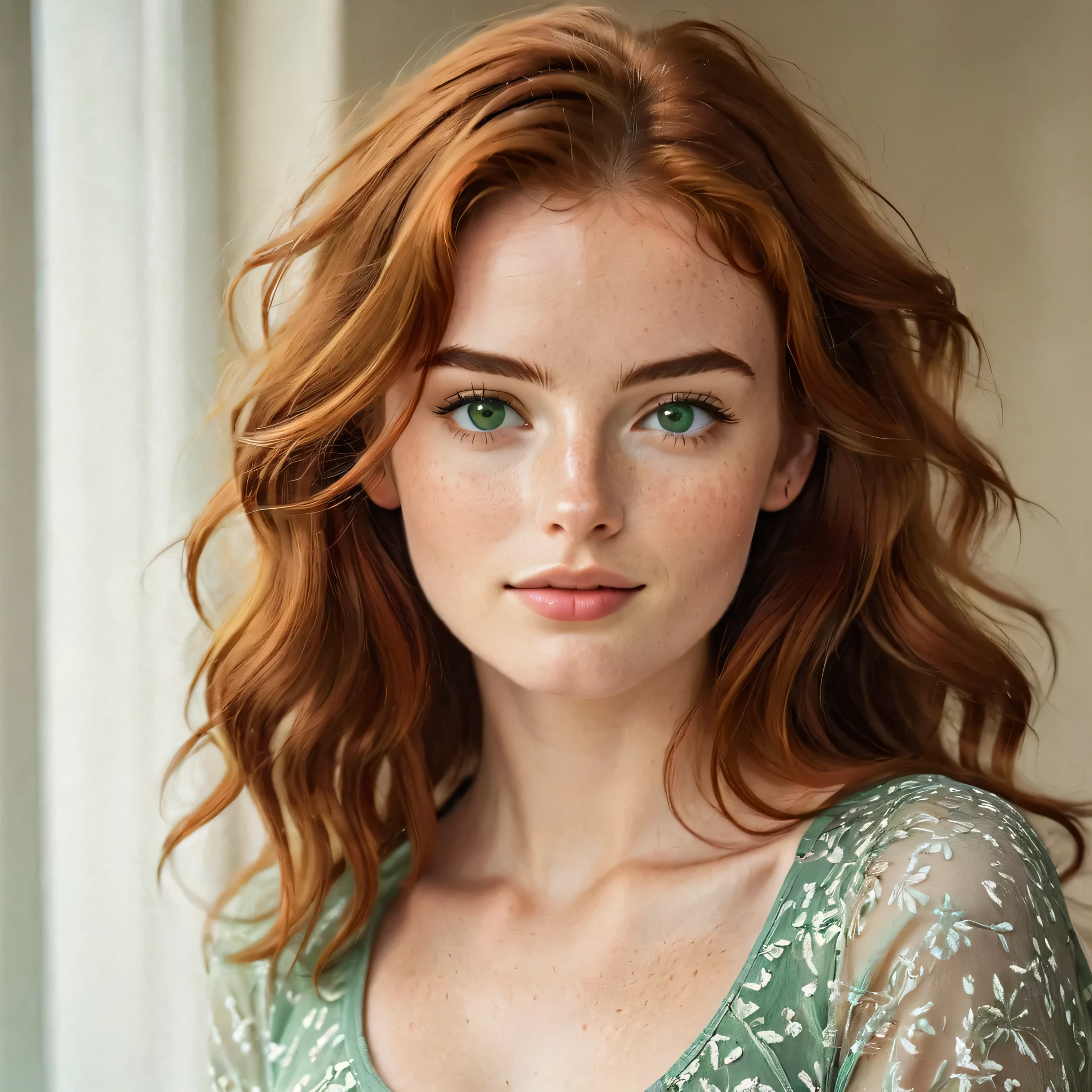 A handsome irish woman in her early 20s. she has long, loosely waved red hair in0 a casual style, with a few strands falling naturally over her forehead. her green eyes stand out on her elegant face – high cheekbones, a dusting of freckles over her nose, thick groomed eyebrows, and a rounded smooth jawline, sexy outfit, whole body