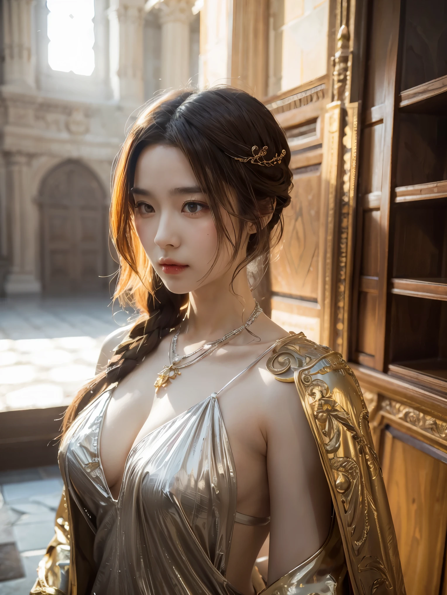 (Absurdres, Intricate Details, Masterpiece, Best Quality, High Resolution, 8k), 1 male, thin, young, aged up, masked, finely detailed eyes and face, auburn low-fade hair, amber eyes, portrait, looking at viewer, solo, half shot, detailed background, (light fantasy theme:1.1), focusing, mercenary, sunshine, floating scraps, color plate armor, divine aura, bright realistic lighting, marble castle, intense atmosphere, circlet, coat of arms, brazier, , Depth of Field, VFX. wear an eyepatch