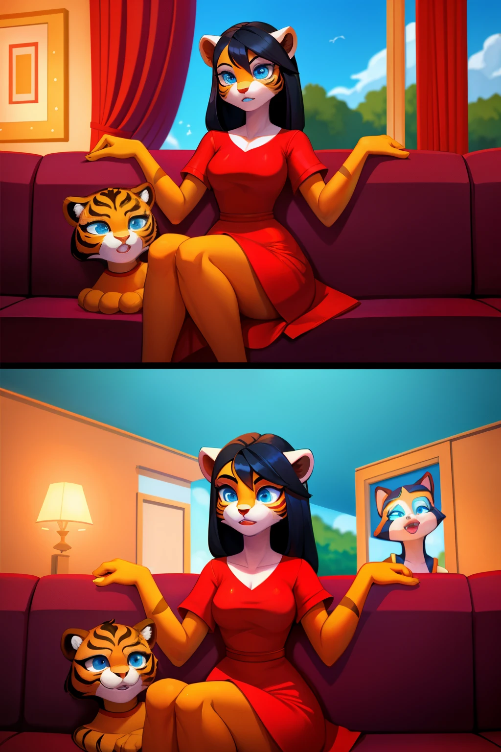 1 girl, hypnotized housewife, tigress anthro, black hair, blue eyes, empty eyes, red dress, sitting on couch, at home, mind-controlled, hypnotized, dazed, 3D Disney style