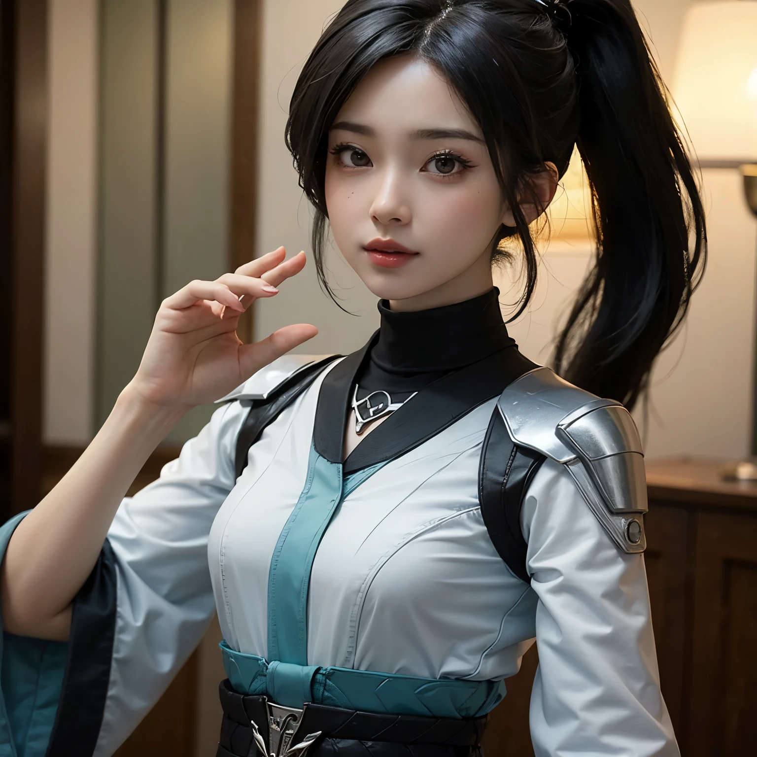 ((best quality)), ((masterpiece)), (detailed), perfect face. Black hair. Ponytail. Anime girl. Asian girl. Black eyes. Ulzzang. Armpit.
