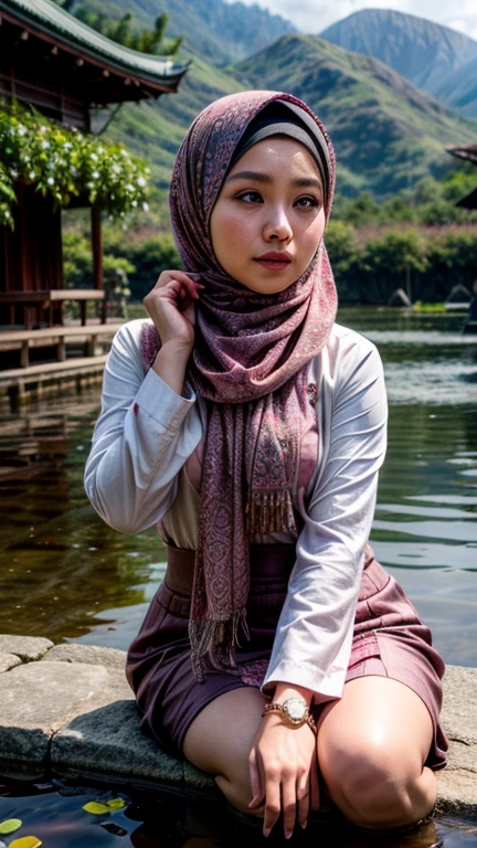 a gorgeous indonesian hijab girl in a misty mountains, lotus pond, cherry blossoms, muslim gamis, chubby, scarf, necklace, bracelet, seductive pose, detailed detail, real skin texture, best quality, ultra sharp,