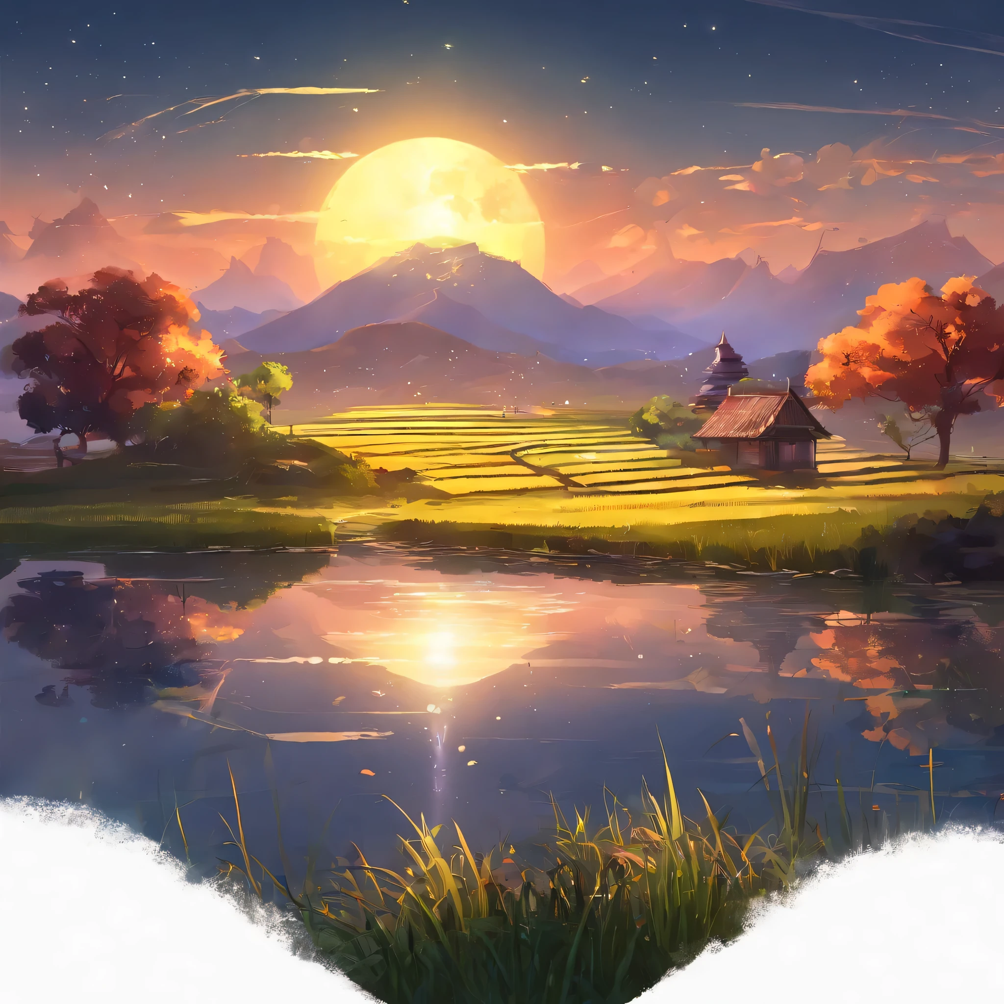 ((best quality,8k,Uncertain resolution,16K, masterpiece: 1.3))Fascinating digital art, Quiet night scene,View only,nobody,Soft moonlight,midpoint, Complex agricultural landscape, Rural farmers, field, crooked road, Snowy mountains in the moonlight, far away々,The moon reflected in the rice fields in the distance, Harmonious and dreamy composition,8K Ultra HD, HDR,unique design,one and only,Magnificent composition,A scene,anime style,Studio Lighting,Ultra wide angle,Original elements,Whole body description,Dynamic Angle,symbolic meaning,Dynamic Lighting,Professional color grading,Creative,Extreme details,Glow effect