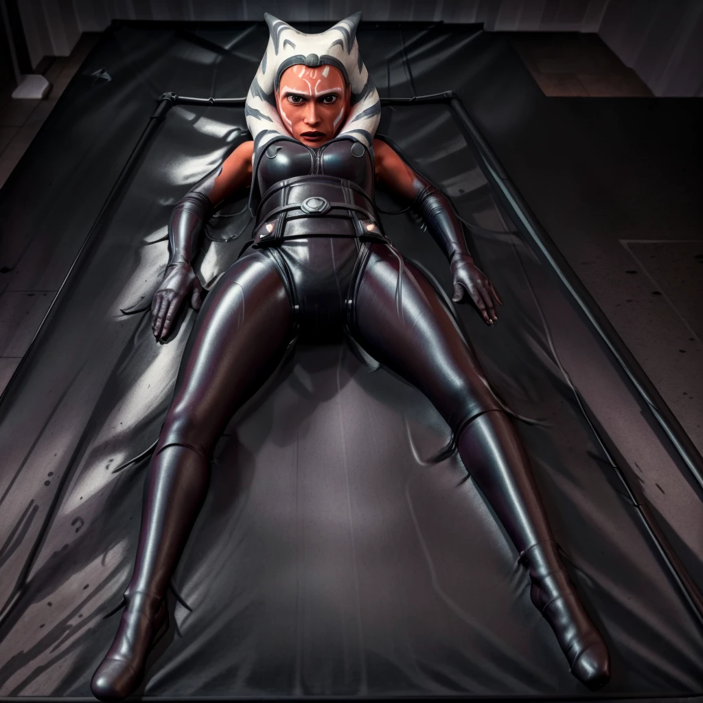 (best quality,4k,8k,highres,masterpiece:1.2),ahsoka,lie in a latex vacuum bed,ultra-detailed,realistic,bokeh,dark side vibe,portrait,studio lighting,black and white,sharp focus,lightsaber,texture,contrast,subtle shadows,endless depth,details of expression,ominous atmosphere,latex shine,reflection,powerful presence,dynamic composition,forbidden pleasure