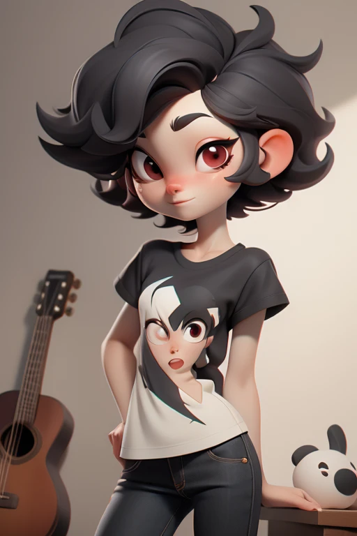 Huff, 3D face pattern, tomBoy with long short, Dyed short hair,long eyelasher,black t-shirts,(黑The eye) ,,, black hair color hair, tiny legs, small hips, skinny black jeans , on bedroom, guitars hanging on the walls, pale white skin, red eyes,