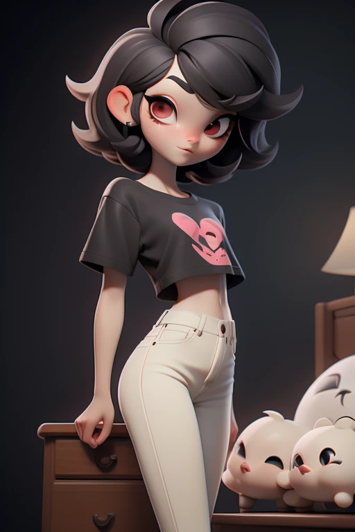 Huff, 3D face pattern, tomBoy with long short, Dyed short hair,long eyelasher,black t-shirts,(黑The eye) ,,, black hair color hair, tiny legs, small hips, skinny black jeans , on bedroom, guitars hanging on the walls, pale white skin, red eyes,